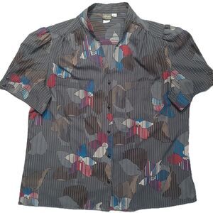 Pykettes Shirt Womens XL Button Up Short Sleeve Collar Split Neck Stiped Floral